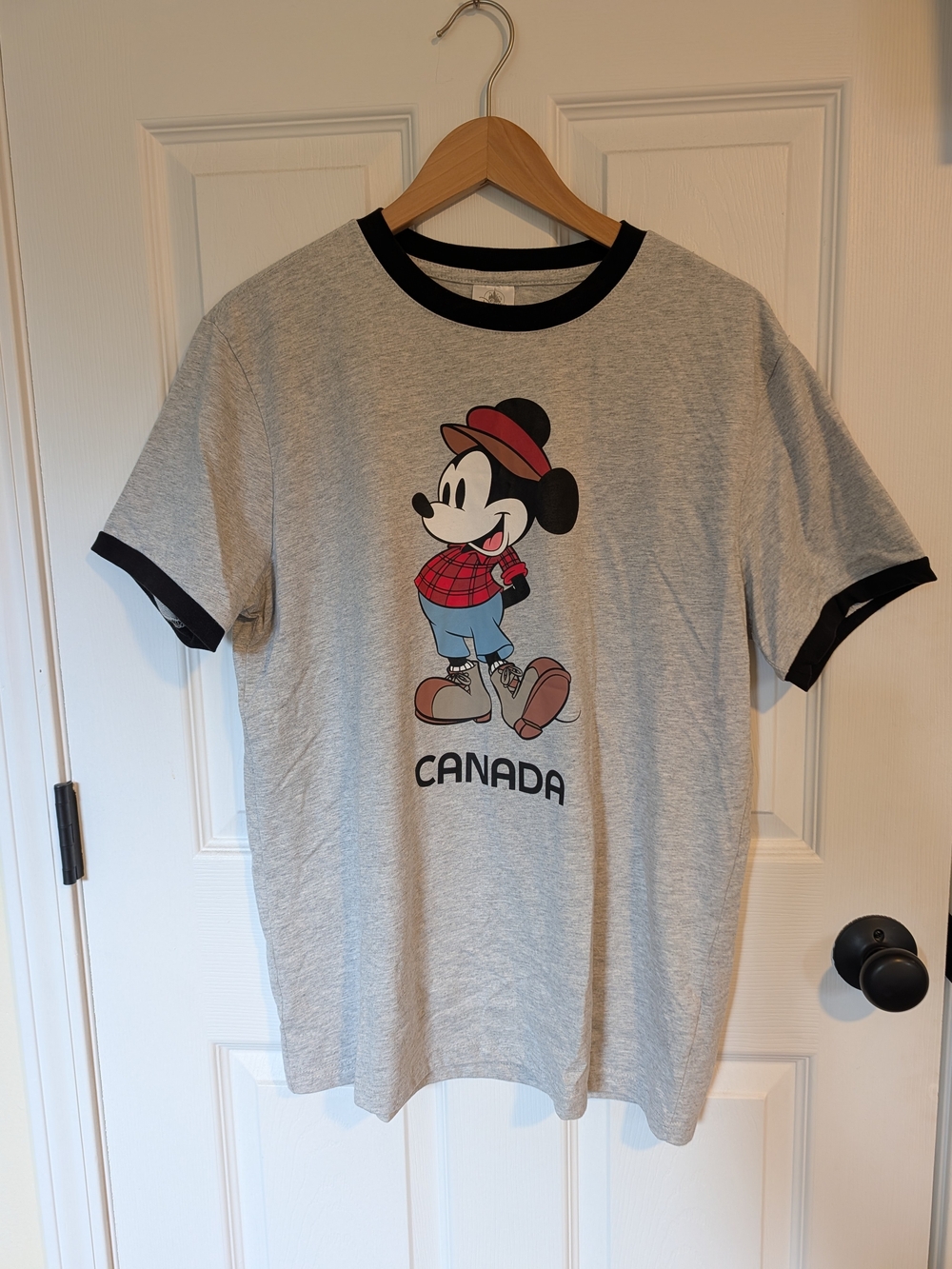 Disney Grey Ringer T‑Shirt with Plaid Mickey and Black Trim